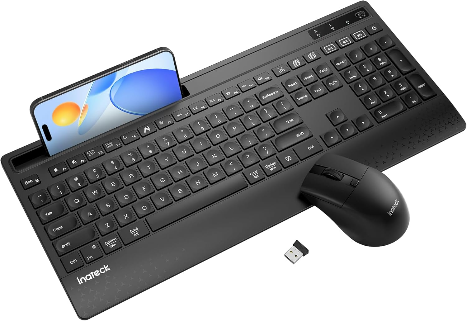 Inateck AI Wireless Keyboard and Mouse Combo, Full-Size Ergonomic Keyboard with Wrist Rest & Phone Holder, 2.4Ghz Bluetooth Silent Design for PC, Laptop, Mac, Windows image number 1