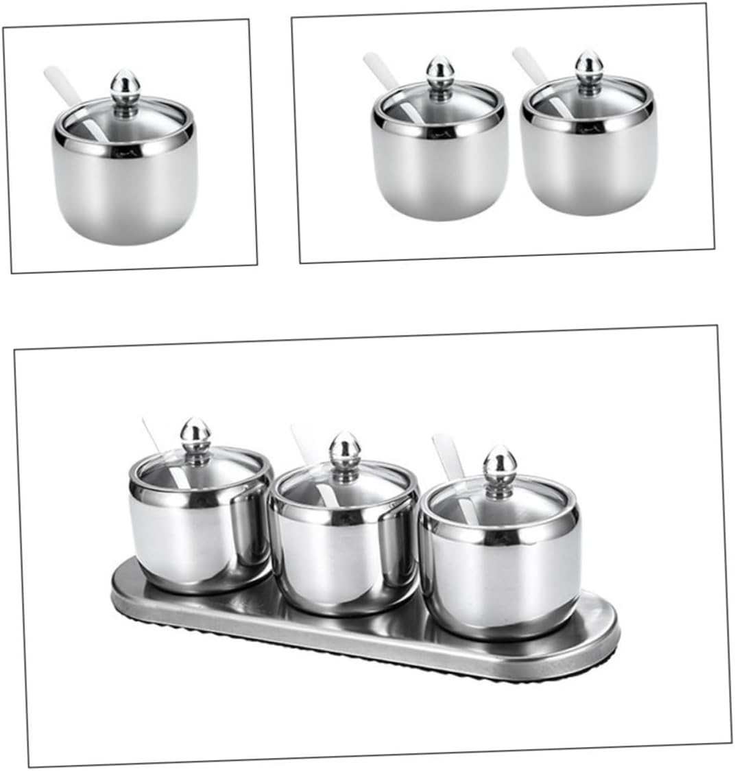 KICHOUSE Stainless Steel Seasoning Jars Set of 3 with Base, Salt Storage Containers, Spice Canisters for Kitchen Dining, 304 Stainless Steel Condiment Pots for Home Cooking and Table Use image number 6