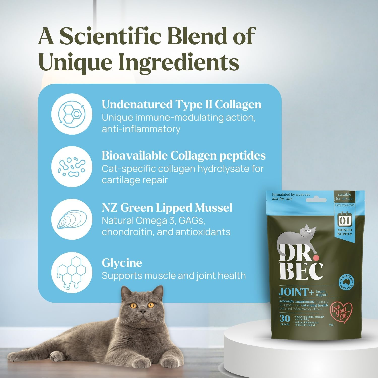 Dr. Bec Joint+ Cat Joint Supplement for Mobility & Comfort, Vet-Made Green Lipped Mussel Omega-3 & Collagen Blend, Australian Made image number 4