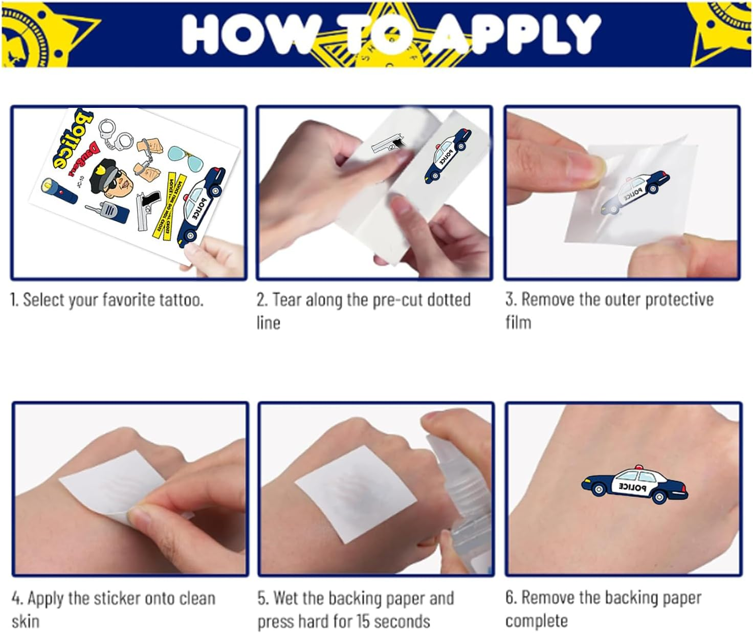 Shalve Cartoon Police Car Temporary Tattoos Waterproof Fake Tattoos Stickers Gift Idea Fillers Birthday Party Favour Supplies School Prizes Rewards Holiday D&eacute;cor Classroom Rewards image number 6