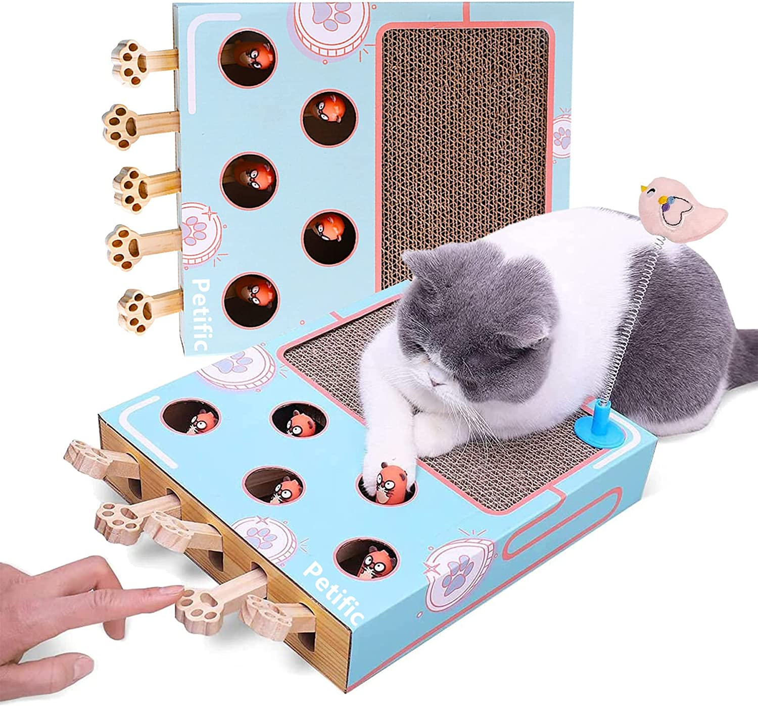 3-In-1 Corrugated Cardboard Cat Scratcher, Cat Scratch Pad with Whack a Mole Game and Funny Cat Stick, Multi-Purpose Scratching Pad, Thickened Durable Cat Scratcher Toy for Indoor Cats image number 3