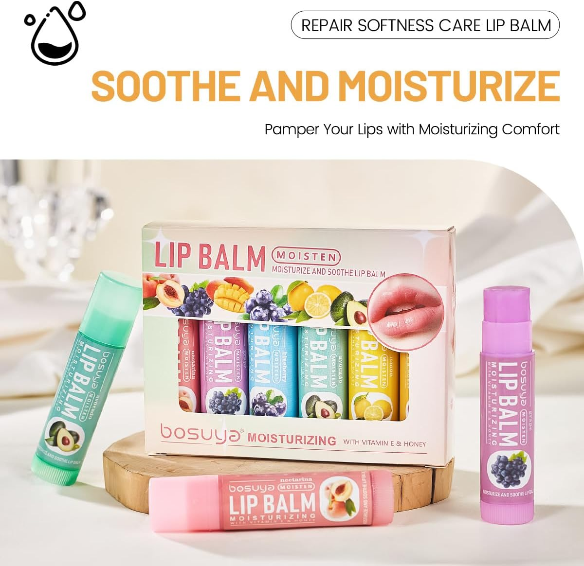 Organic Lip Balm Set, Natural Lip Balm Bulk with Vitamin E and Honey, Moisturizing Lip Balm for Dry Cracked Lips, Gifts for Stocking Stuffers, Peach, Grape, Blueberry, Avocado, Lemon, Mango, 6 Flavors image number 3