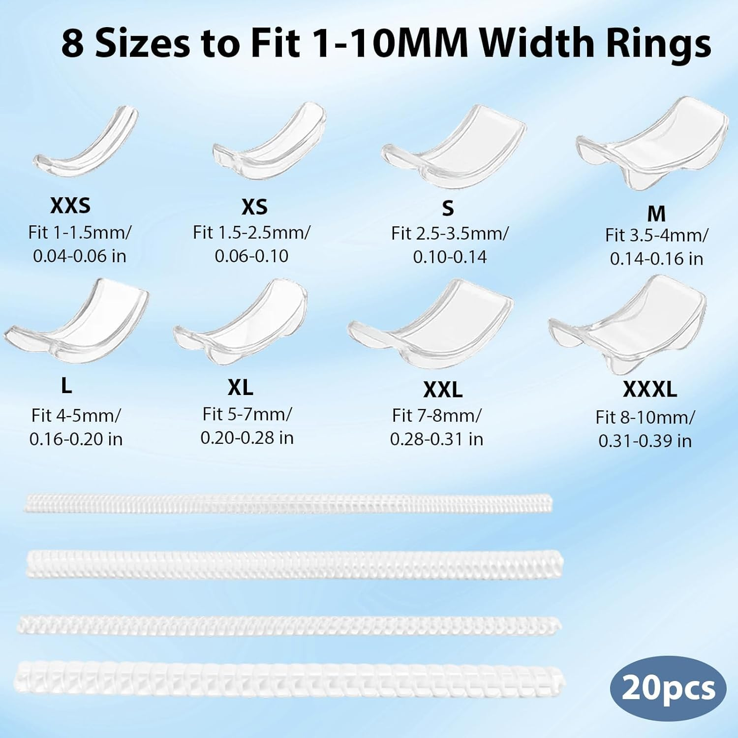 Ring Size Adjuster for Loose Rings, 8 Ring Pads and 12 Transparent Spring Cords in 4 Sizes, Comfortable Fit for Oversized Rings, Skin-Friendly Solution for Sensitive Skin