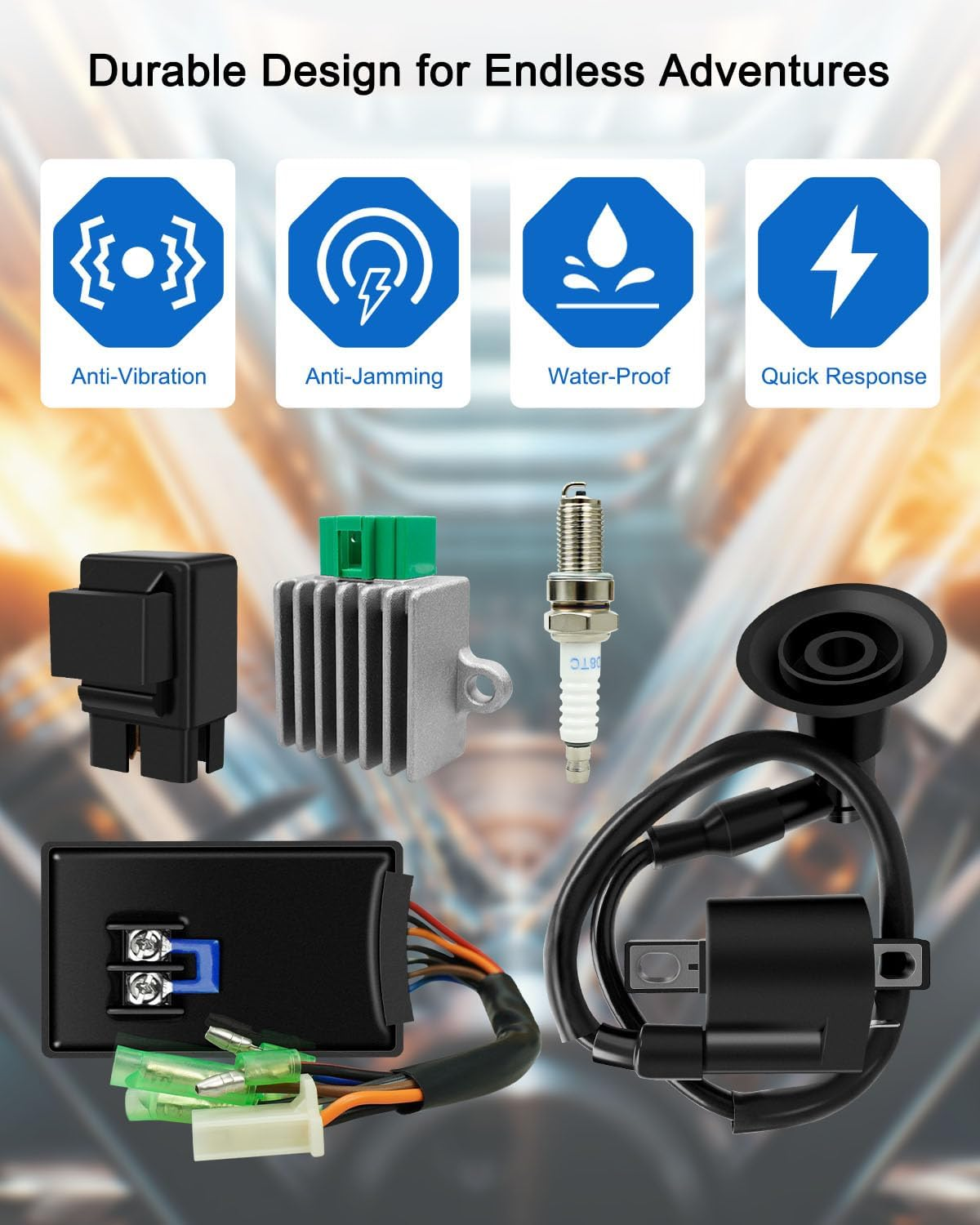 5PCS CDI Box Ignition Coil Kit Fit for Polaris Sportsman 90 Scrambler 90 50 Predator 90 50 2001-2007 with Voltage Regulator Rectifier Starter Relay Solenoid and Spark Plug