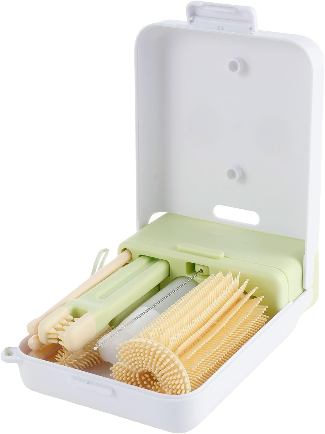 Bottle Cleaning Brush, Multipurpose Bottle Gap Cleaner Brush, with Folding Drain Rack Silicone Portable Cleaning Kit, Long Handle Silicone, anti Scratch, for Travel Camping Hotel Stay (White)