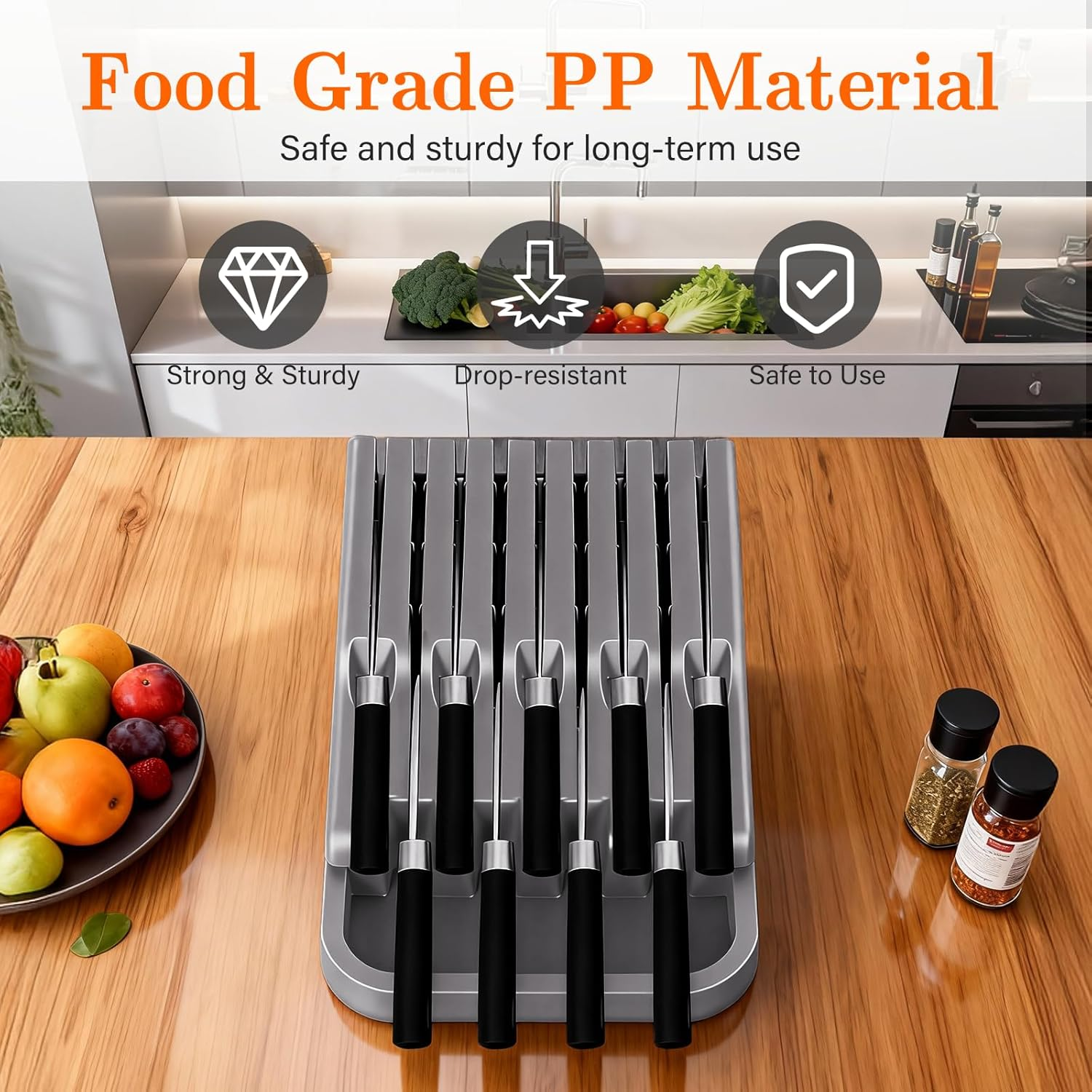 In-Drawer Knife Block, 2 Tier Knife Drawer Organizer for Kitchen, Knife Holder Drawer Insert with 9 Slots, Kitchen Organisation & Drawer Storage for Kitchen Countertops, Drawers