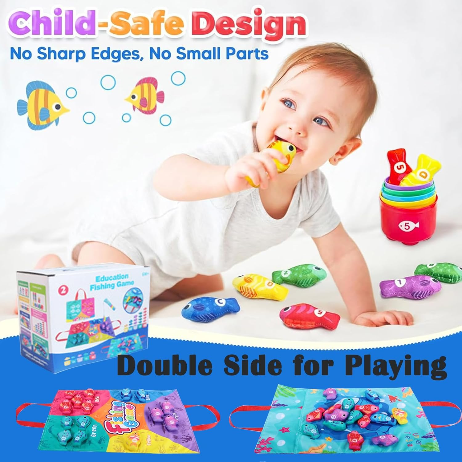 22Pcs Cloth Fishing Game with Stacking Cups, Toddler Toys for 1 Year Old Boy Girl Birthday Gift, Toddlers'S Sensory Toy with Stacking Cups Number Counting, Color Sorting Learning image number 4