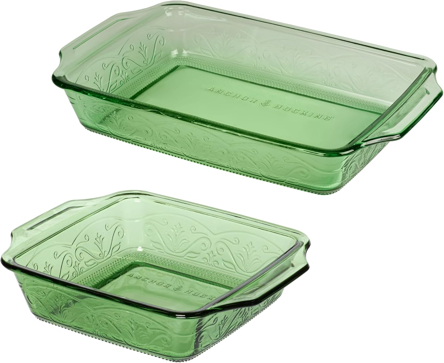 Anchor Hocking Laurel Embossed Bakeware 2-Piece Set &ndash; 3 Quart Baking Dish and 8 Inch Square Dish &ndash; Oven Safe, Microwave Safe, Dishwasher Safe Glass Bakeware, Fern Green image number 2
