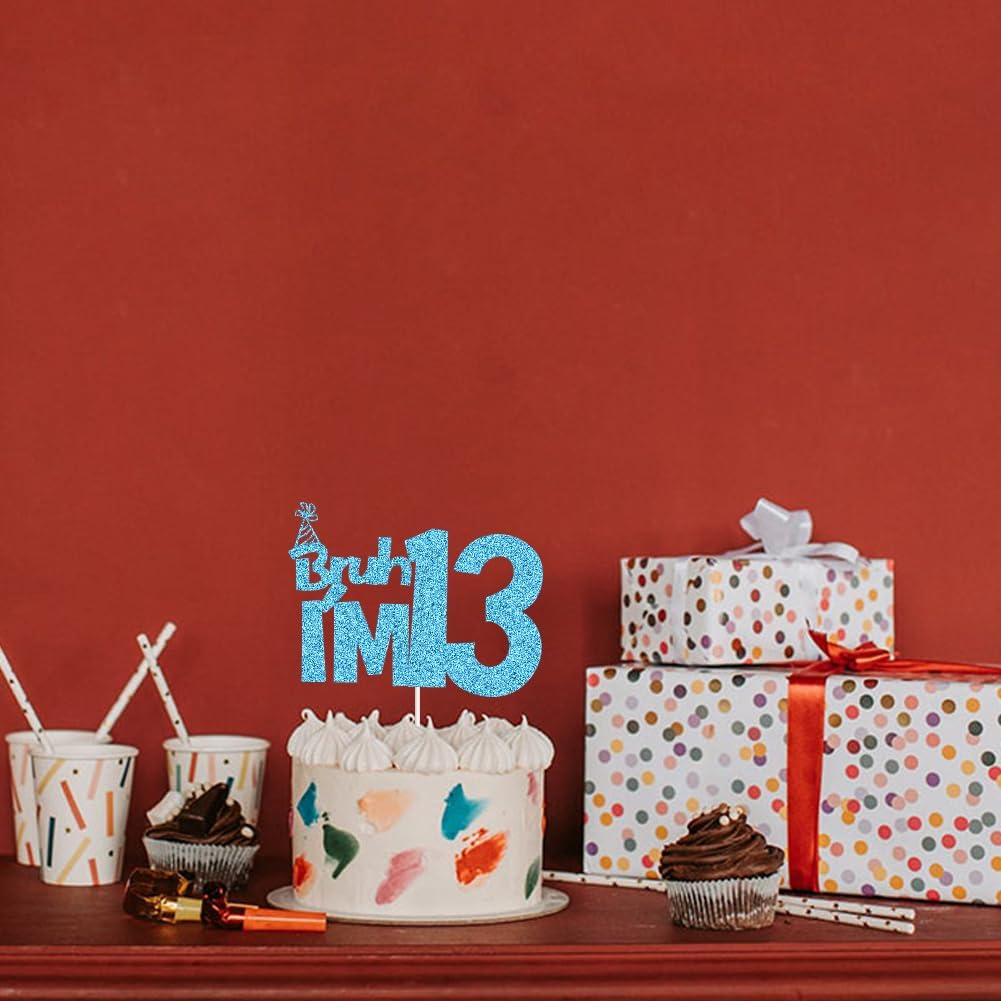 XIUHUBA Bruh I'M 13 Cake Topper, Happy 13Th Birthday Cake Decor, Kids Boys 13Th Birthday Party Decorations, Funny Thirteen Years Old Birthday Party Supplies Blue Glitter image number 1