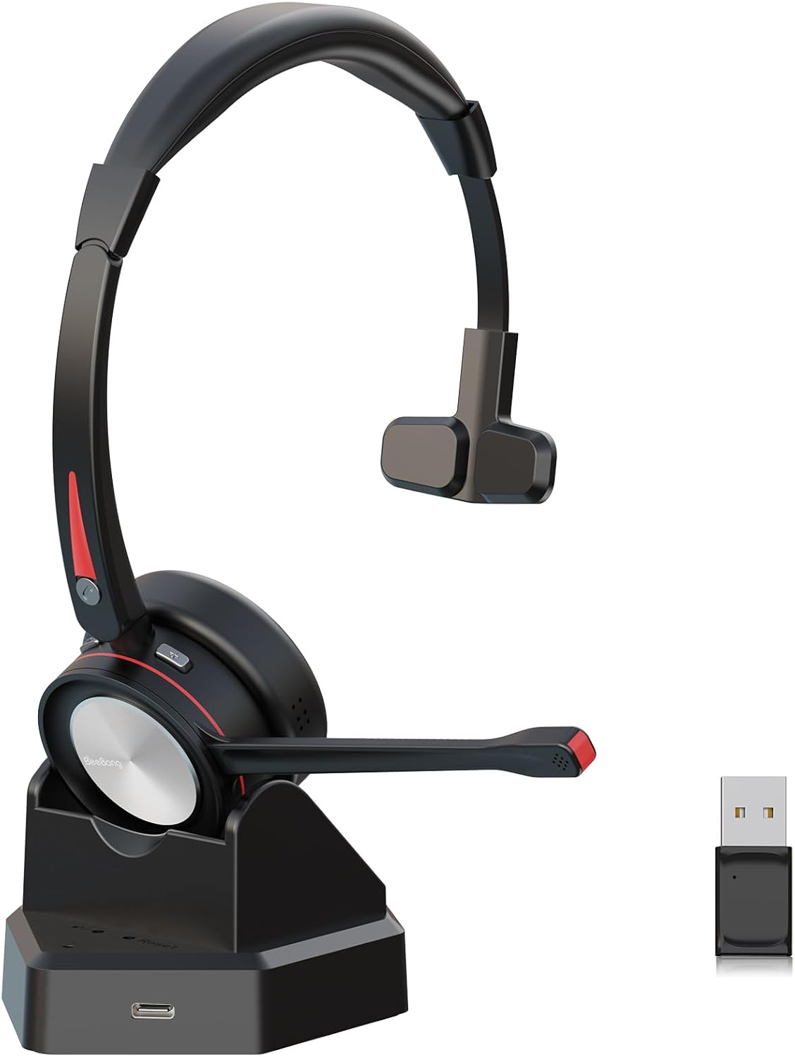Beebang Bluetooth Headset with Microphone for PC, Wireless Headset with USB Adapter & Charging Station, 40 Hours Talk Time, Mono Wireless Headset for Work, Laptop, Mobile Phone, Microsoft Teams Skype image number 3
