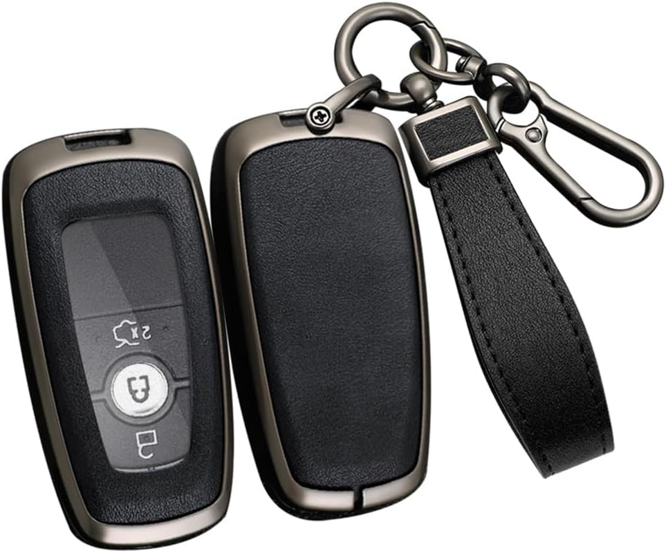 Ontto Alloy Car Key Fob Cover Fit for Ford Fusion Mustang Explorer F150 F250 F350 Ecosport Edge S-MAX Ranger Mondeo Remote Leather Key Case Shell Key Holder Keyring Keychain Accessories Black-Brown