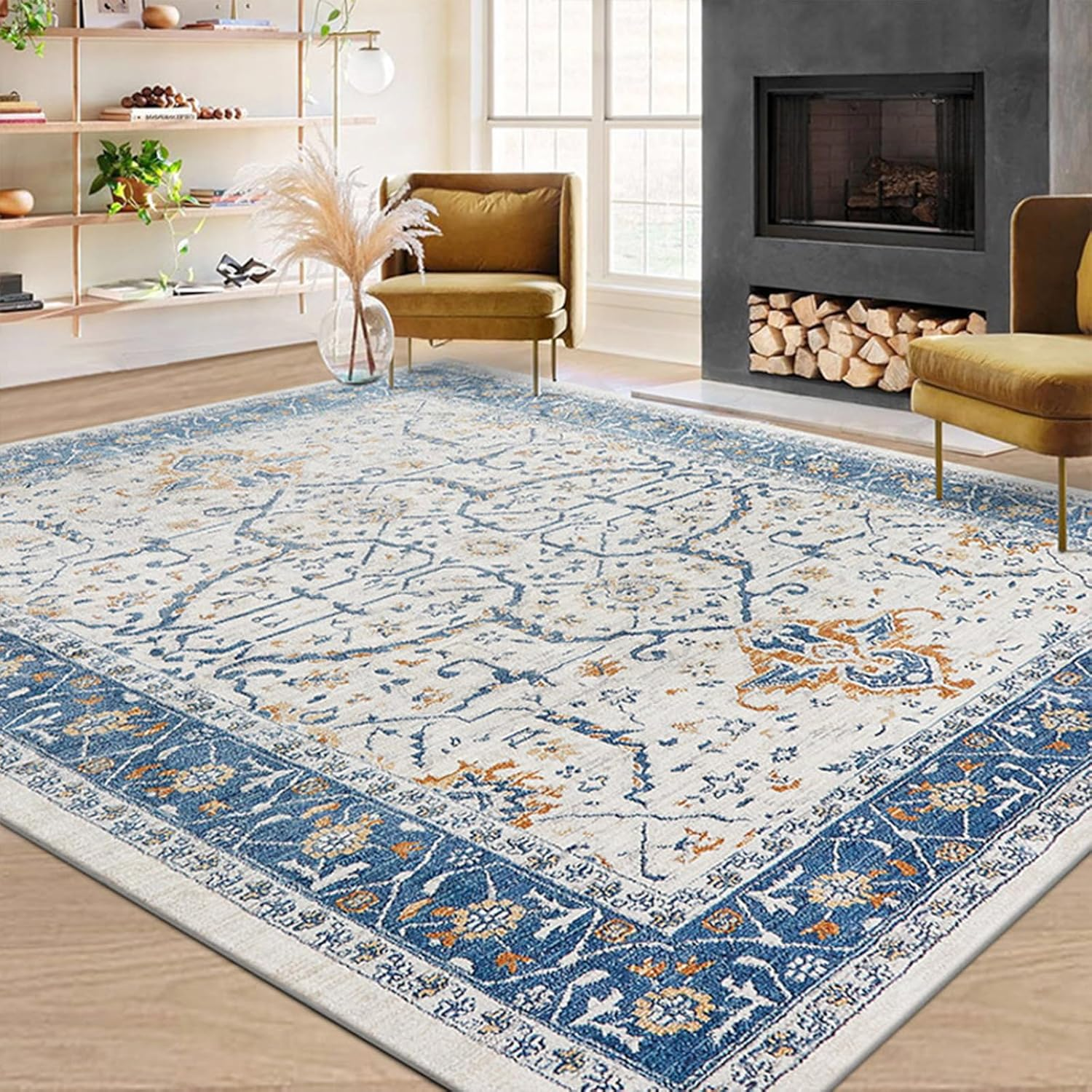 Large Area Rugs for Living Room, Boho Area Rugs, Indoor Vintage Large Area Rug, No Slip Thin Rugs Carpet for Bedroom Home Office Aesthetic Decor (Blue,160 X 230 CM)