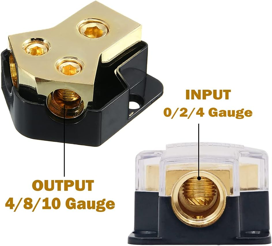 LAWUZA 2 Way Power Distribution Block, Connecting Block 0/2/4 Gauge in 4/8/10 Gauge Out Amp Ground Distributor for Auto Car Audio Splitter Amplifier image number 1