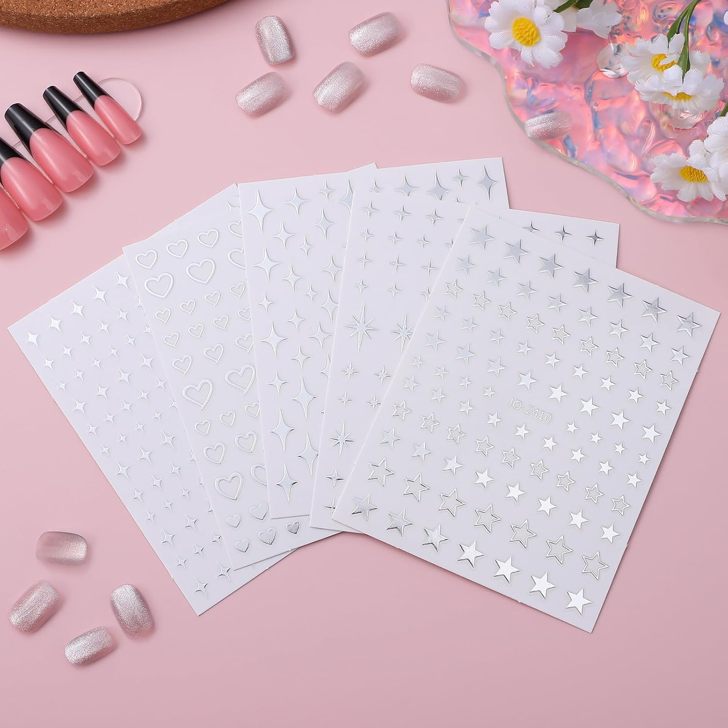 OFFIGAM 5 Sheets Nail Art Stickers Silver Stars Small Design Star Nail Decals Sparkle Metal image number 2