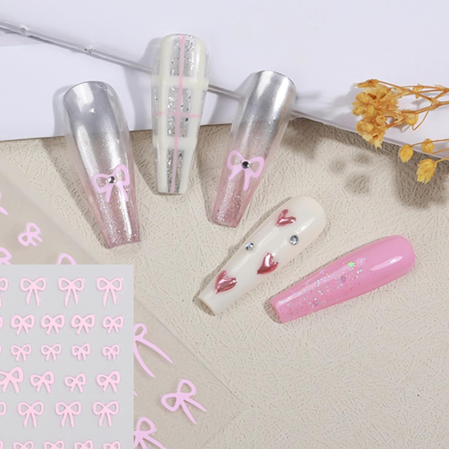 6 Sheets Bow Shaped Design Nail Art Stickers 3D Self-Adhesive Designer Nail Decals Colorful Cute Kawaii Bow Style Nail Decoration DIY Manicure Tips for Women Girls (3 Mixed Colors) image number 4