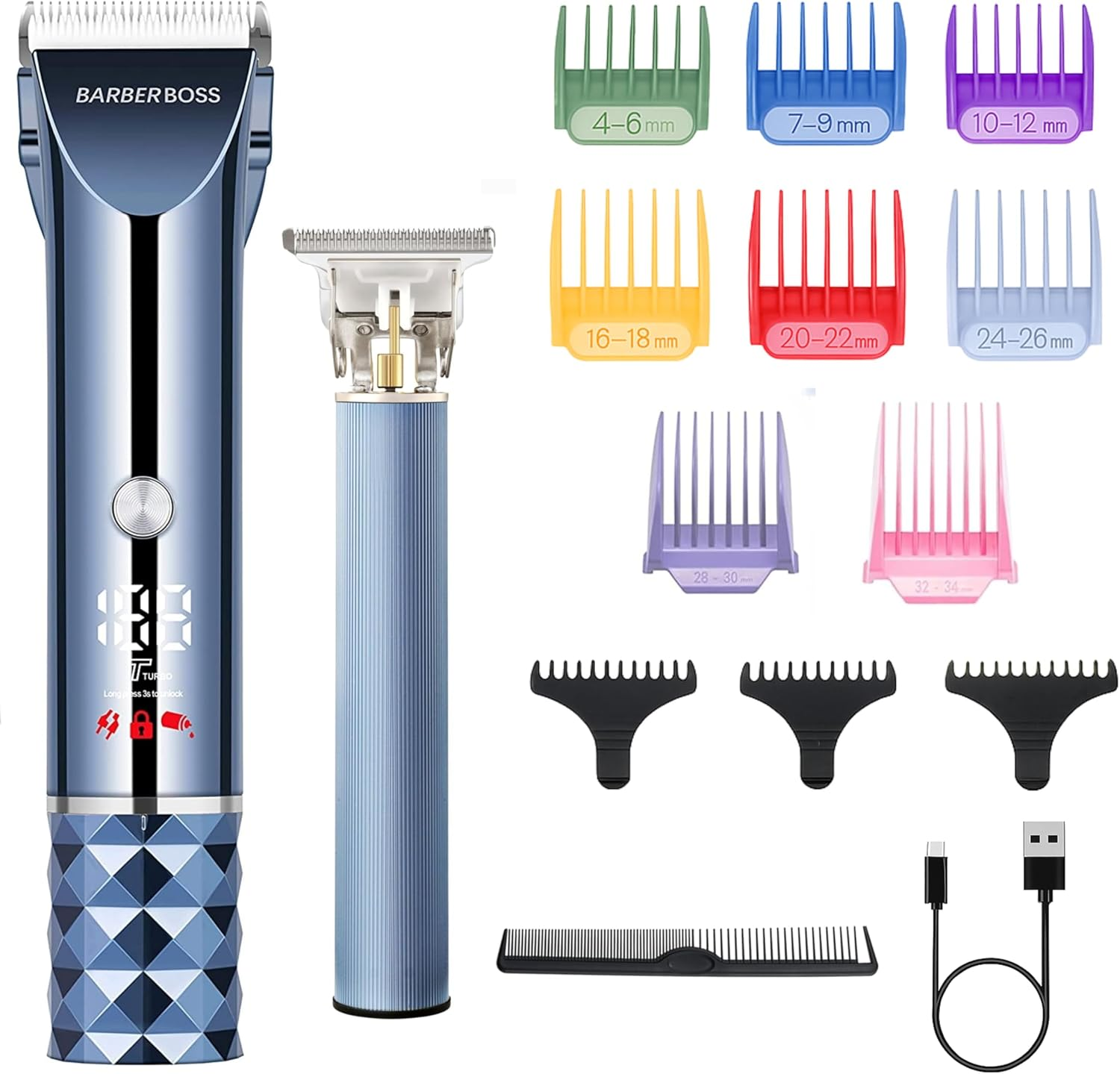 Barberboss Turbo Beard and Hair Trimmer for Men, Wireless LED Trimmer, Adjustable Blade Control, USB Fast Charge and 8 Length Comb Set, Men'S Grooming Kit