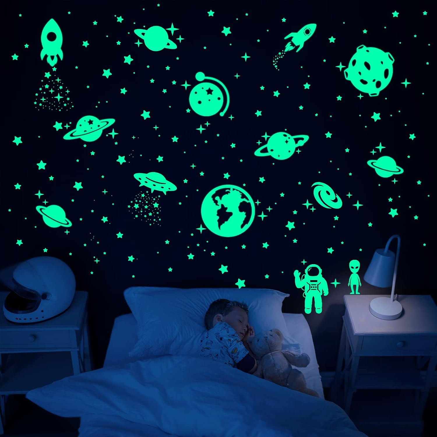 260 PCS Glow in the Dark Stars, Glowing Stars for Ceiling, Star Wall Decals Solar System Space Galaxy Planets Wall Stickers for Kids, Girls Boys Room Decorations for Bedroom - A-Green Space image number 4