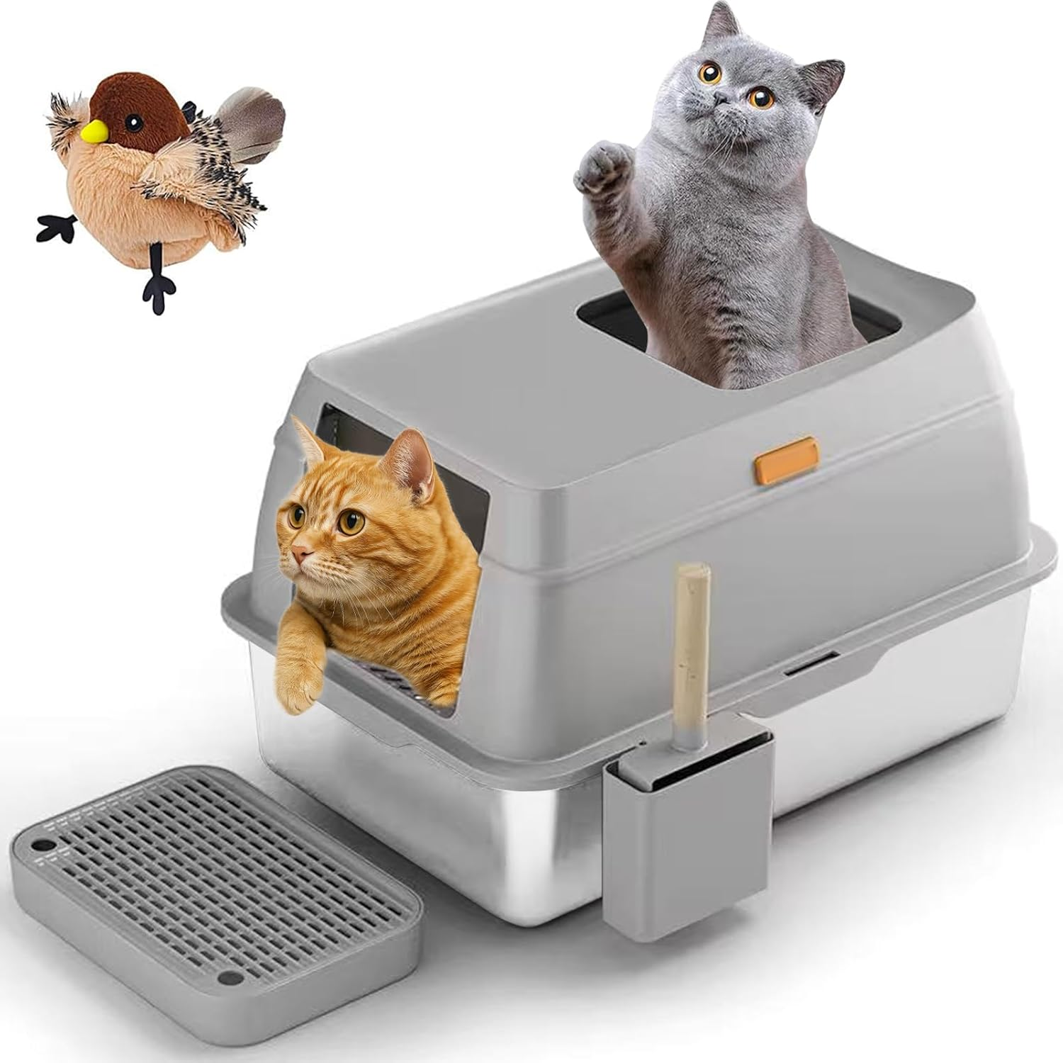 XXL Stainless Steel Cat Litter Box with Lid, Enclosed Metal Kitty Toilet, Front Entry & Top Exit, Scoop & Mat Included, Leak-Proof, Easy Clean image number 5