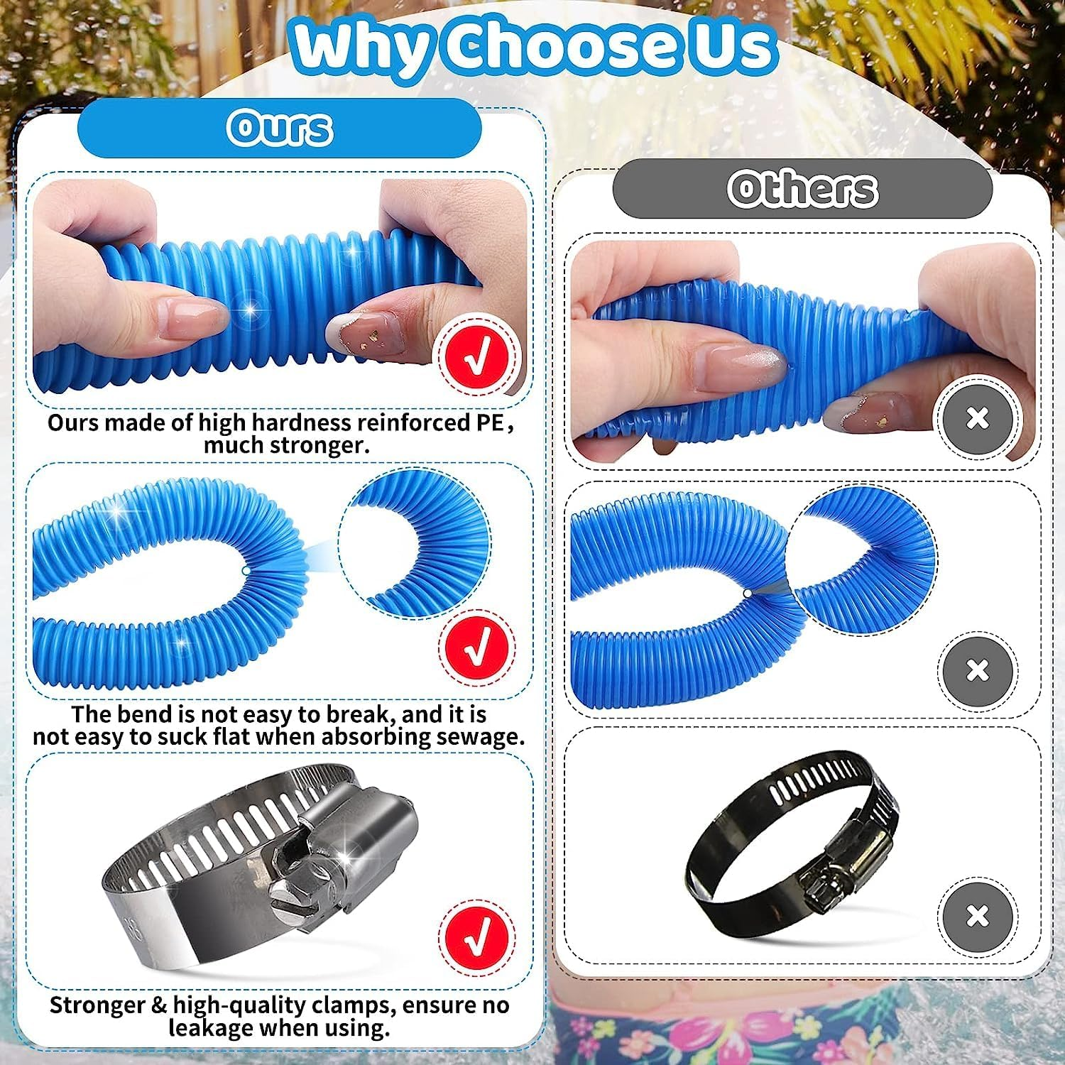 HZIYOU Pool Hoses, 1.25Inches Diameter Swimming Pool Replacement Hose for above Ground Pools, 3 Pack Swimming Pool Pump Pipes with Hose Clamps image number 4