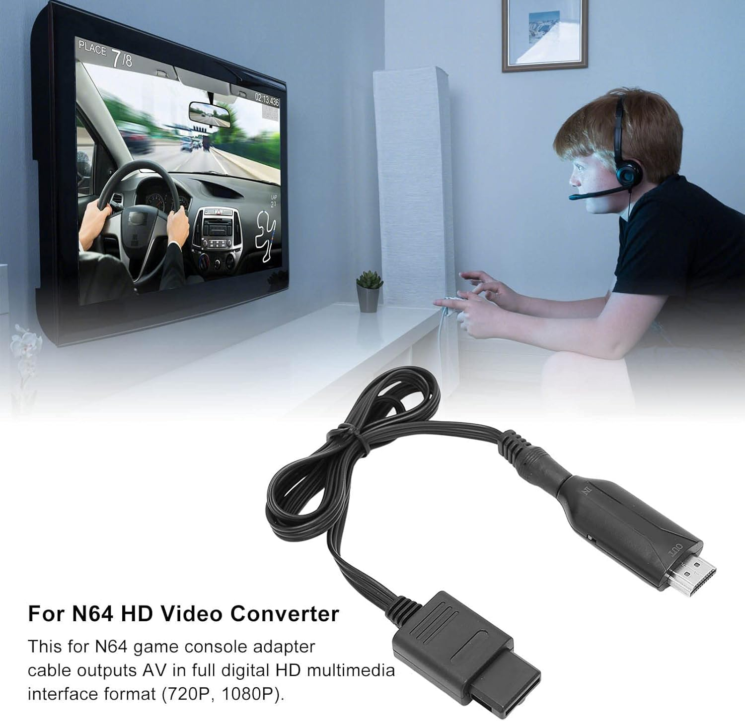 ASHATA N64 to Adapter, HD Video Converter for N64 with Power Cord, Plug and Play, Supports 720P 1080P Output image number 1