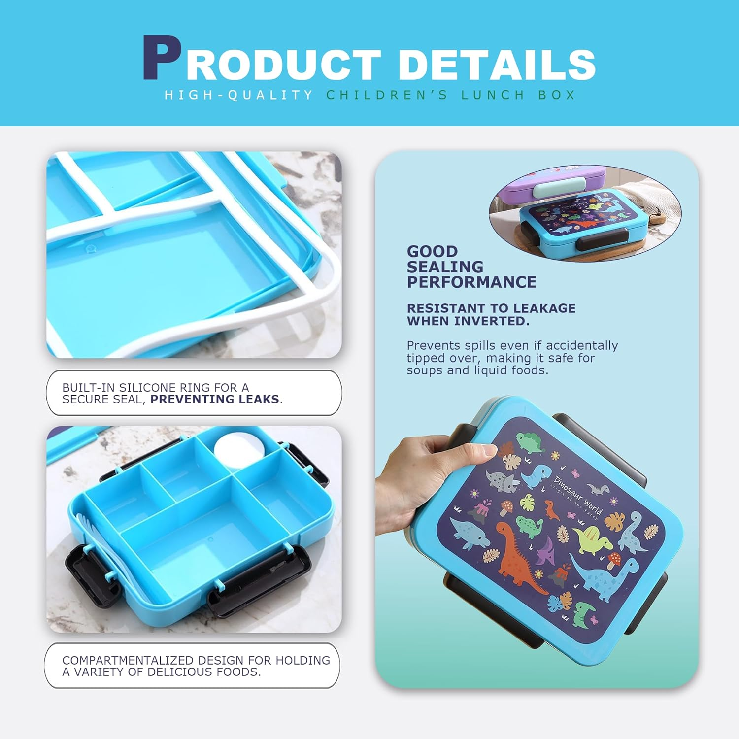 STRONGBERRY Kids Lunch Box, Healthy and Microwave - Safe, Dinosaur Parade, Purple Unicorn, Brown Bear Designs (Blue Dinosaur& Bag) image number 6