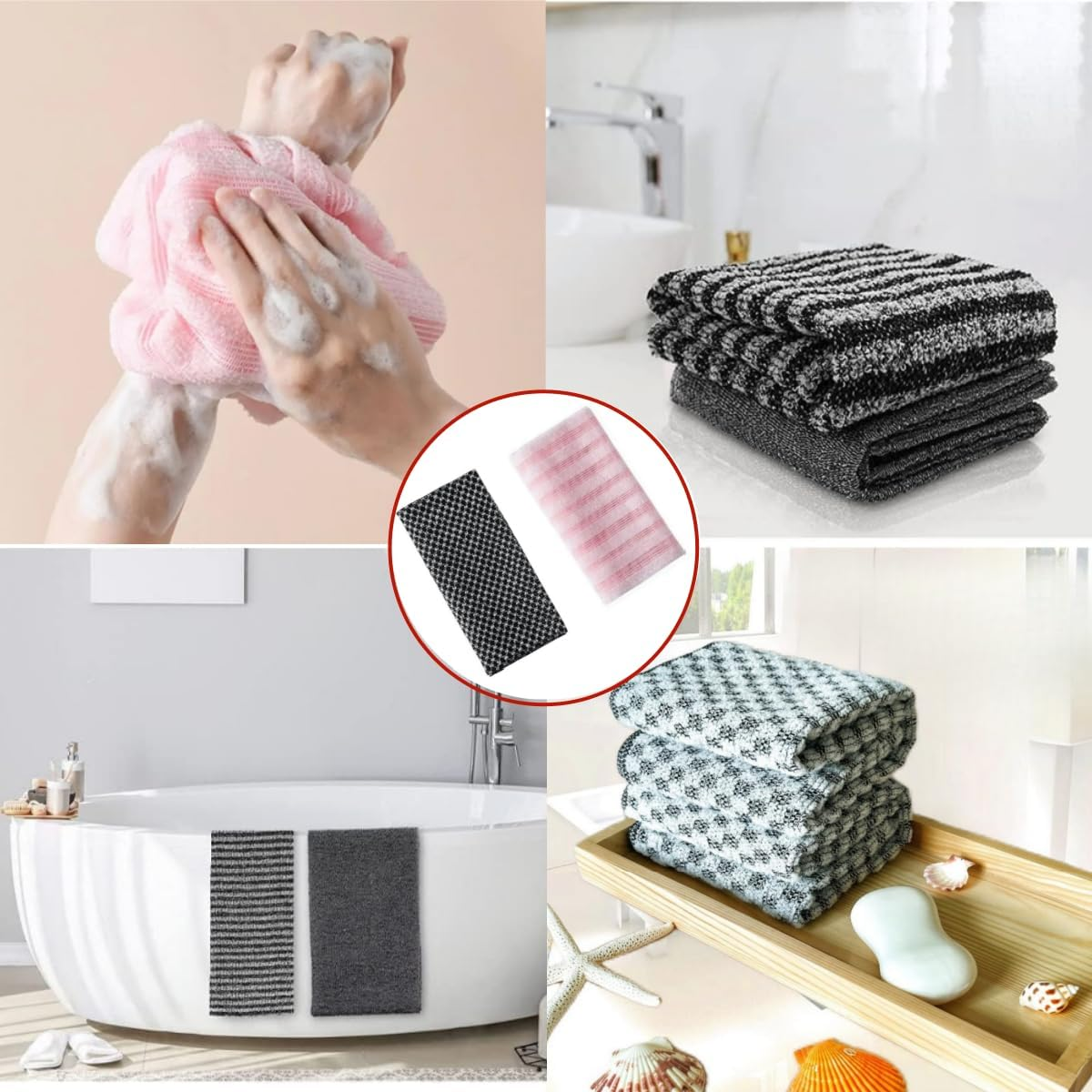 2 Pack Back Scrubber for Shower Bath,Scrub Wash Cloth,Exfoliating Washcloth Towel, Exfoliator Sponge Net Rag Back Washer，Scrub Both Sides for Use in Shower Bath(Black, Pink) image number 4