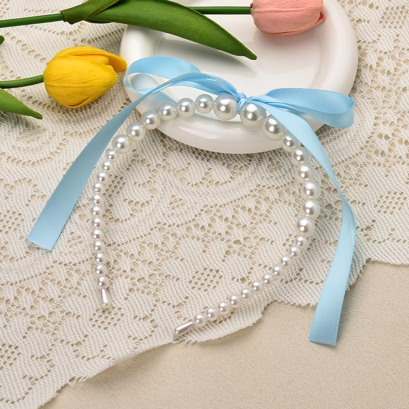 Pearl Bowknot Headband for Women Girls Blue Bow Knotted Hair Band for Women Girls Bridal Hair Decorations with Bows Female Pearl Headpiece - Blue image number 6