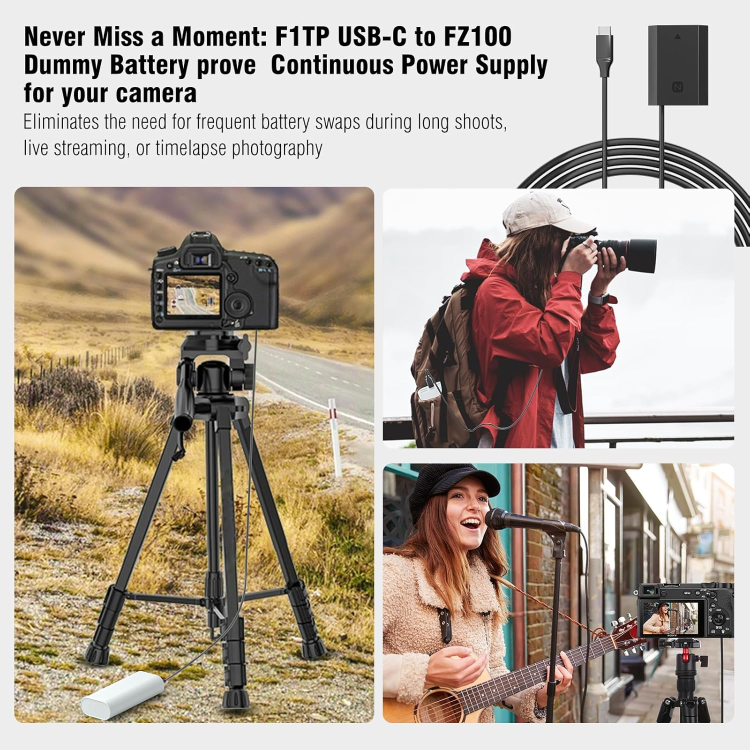 F1TP USB-C NP-FZ100 Dummy Battery Type-C Power Cord Kit Replace ACK-FZ100 Coupler for Sony Alpha 9 A9 A9 II A9R A9S A6600 A7C A7III A7S III A7RIII A7R IV ... image number 1