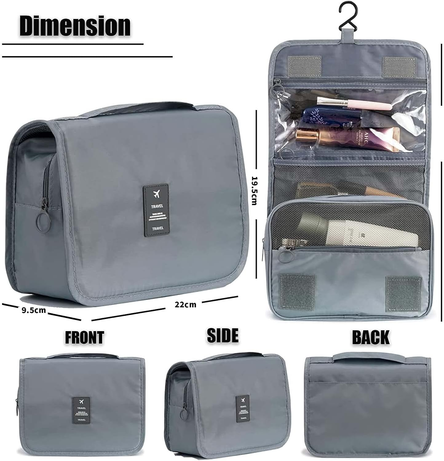DAWNTREES Grey Hanging Travel Toiletry Bag Cosmetic Make up Organizer for Women and Girls,Travel Accessories,Make up Bag Toiletries Waterproof. image number 4