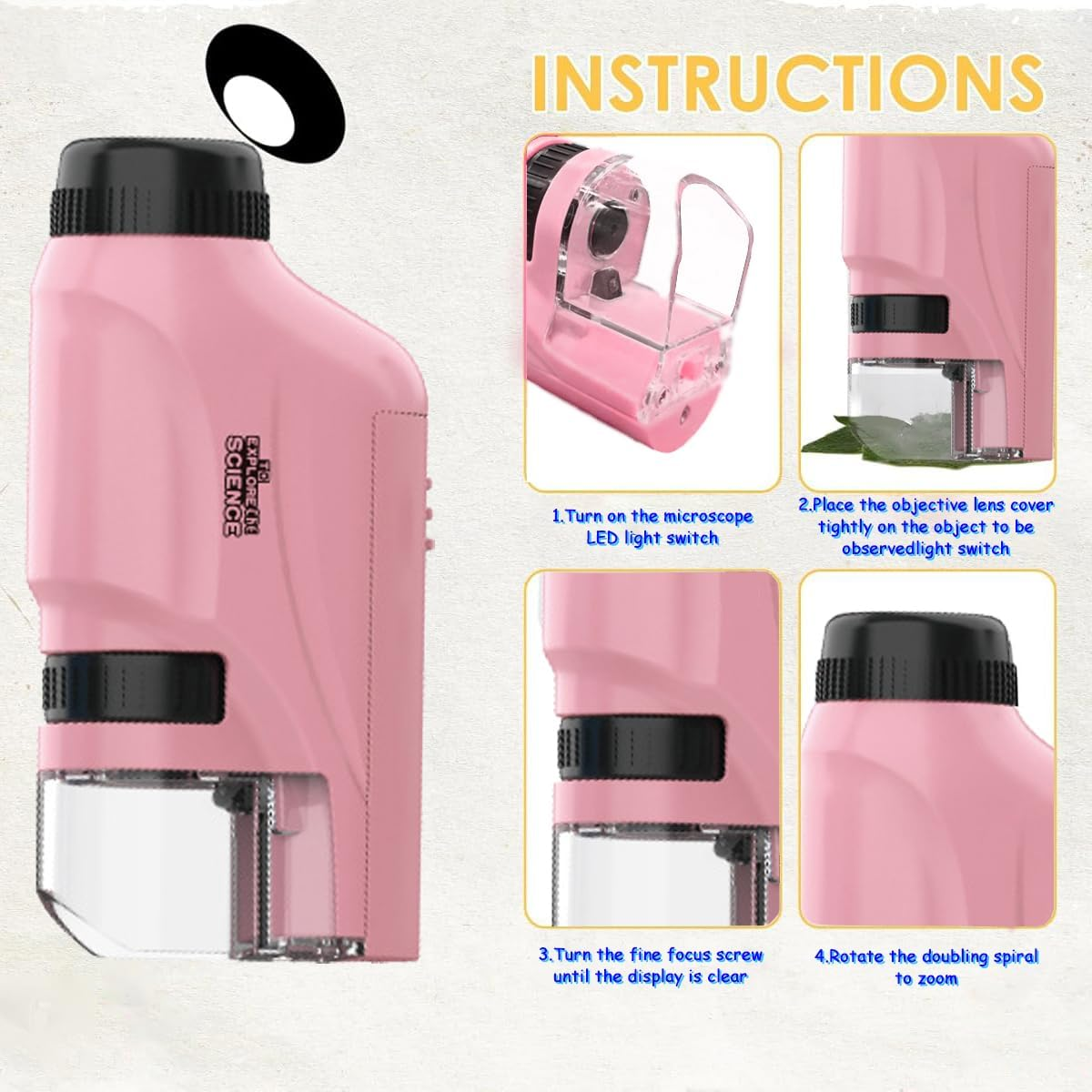 60-120X Zoom Kids Portable Microscope Pocket Handheld Mini Microscope with LED Light High Definition for Students Microbiological Observation Preschool Home Study Educational Toys（Pink） - Pink image number 6