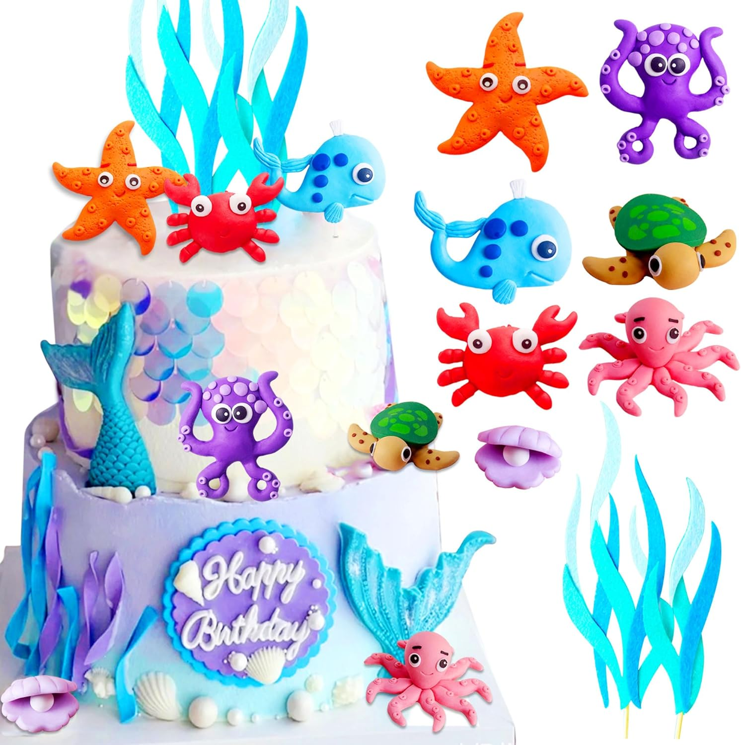 Jevenis under the Sea Cake Toppers Ocean Animal Cupcake Toppers under the Sea Party Decorations Ocean Sea Theme Baby Shower Birthday Party Cake Decorations image number 6