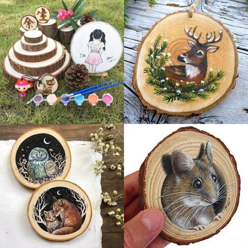 HIGHROCK Unfinished Natural Wood Slices Wood Coaster Pieces Craft Wood Kit Predrilled with Hole Wooden Circles Great for Arts and Crafts Ornaments DIY Crafts with Bark Rustic Wedding (4CM~5CM)