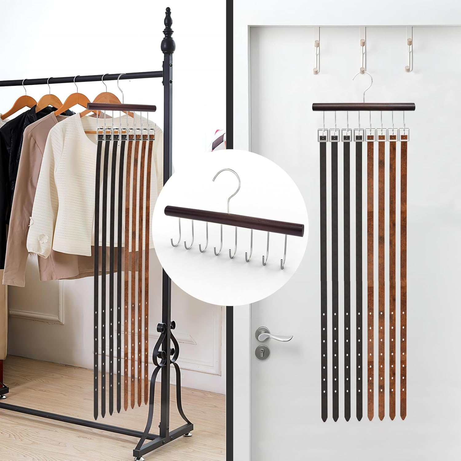 CENZICOM 8 Hooks Belt Hanger for Closet, Wood Tie Rack Hanging Holder 360&deg; Rotating Closet Storage Organizer Space Saving for Tie, Tank Top, Scarf, Necklace (Retro Color) image number 3
