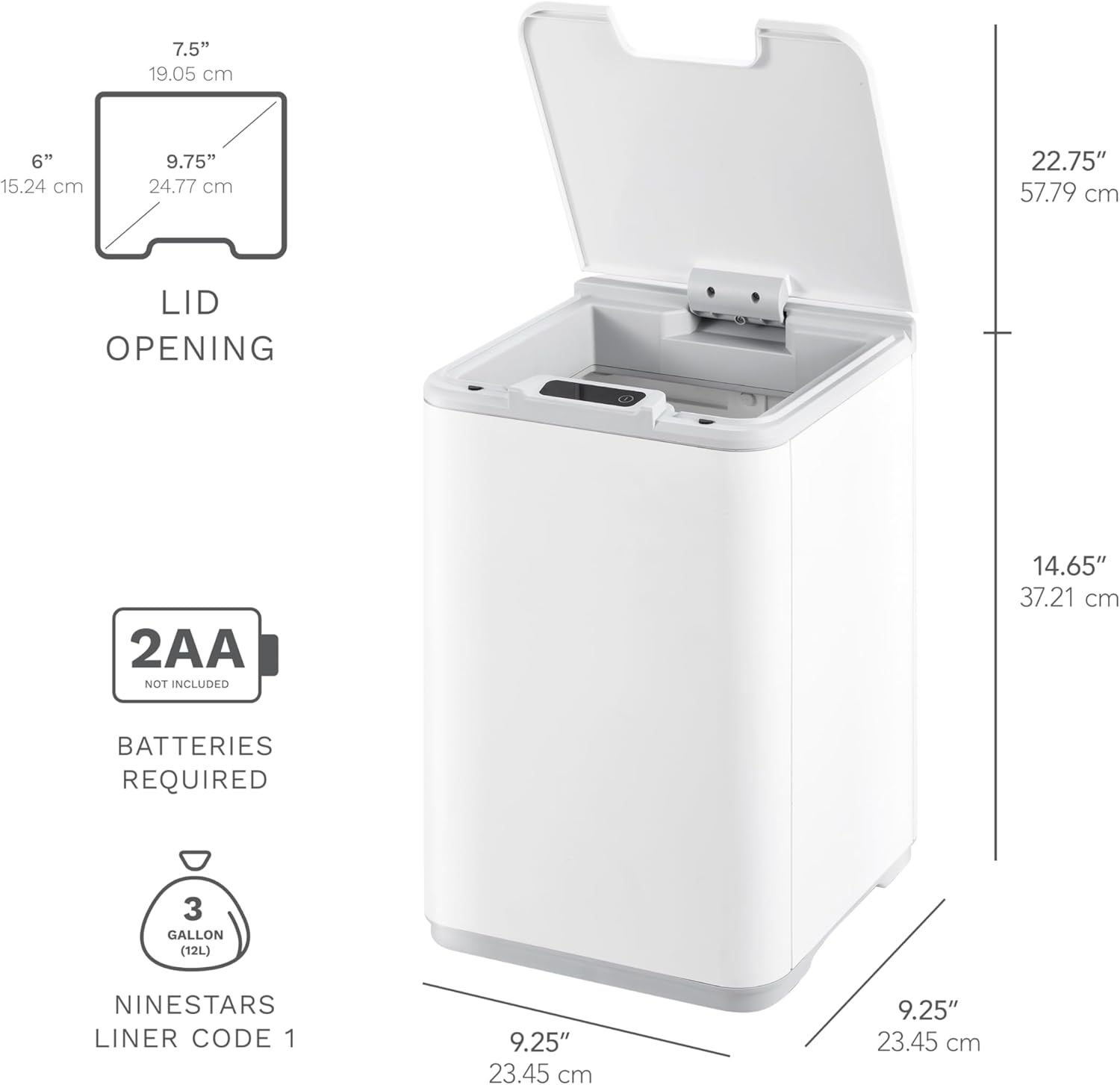 Ninestars DZT-10-35 2.6 Gal / 10L, White Plastic, Square Shape, Motion Sensor Trash Can image number 3