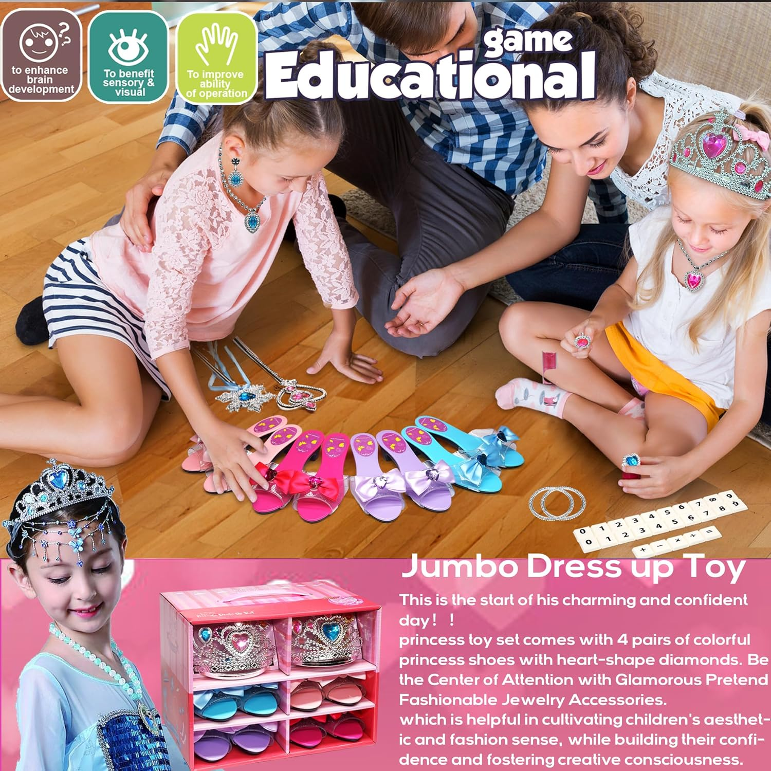 Princess Dress up Toys for Girl - 4 Pairs of Princess Dress up Shoes and 2 Sets of Play Jewelry Boutique for Little Girls,3-6 Year Old Girl Gifts, Toys for 3-6 Year Old Girls image number 2