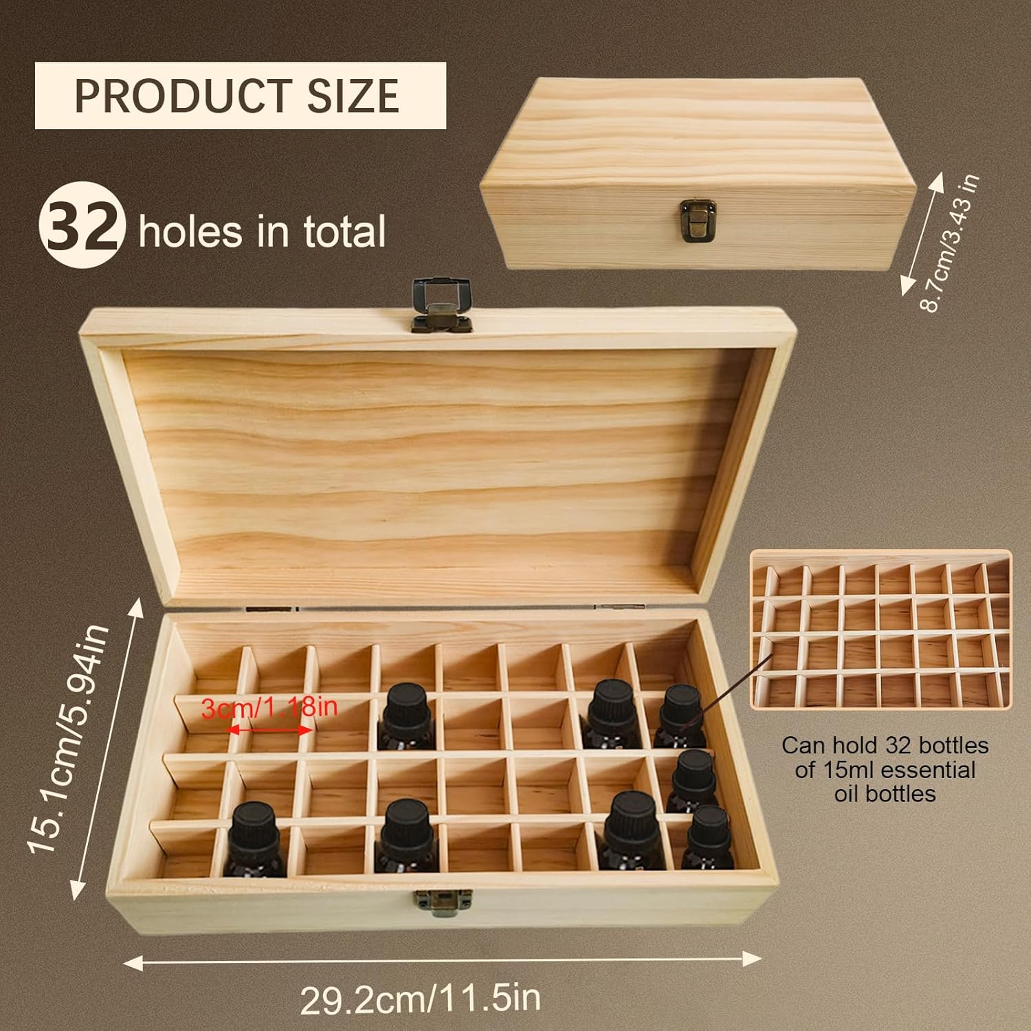 Pure Vie Wooden Essential Oil Storage Box Travel Organizer Case with Bottle Cap Label - Aromatherapy Nail Polish Fragrance Container, Holds 32 Bottle for 5-15Ml - Keep Scented Oil Safe & Space Saver image number 5