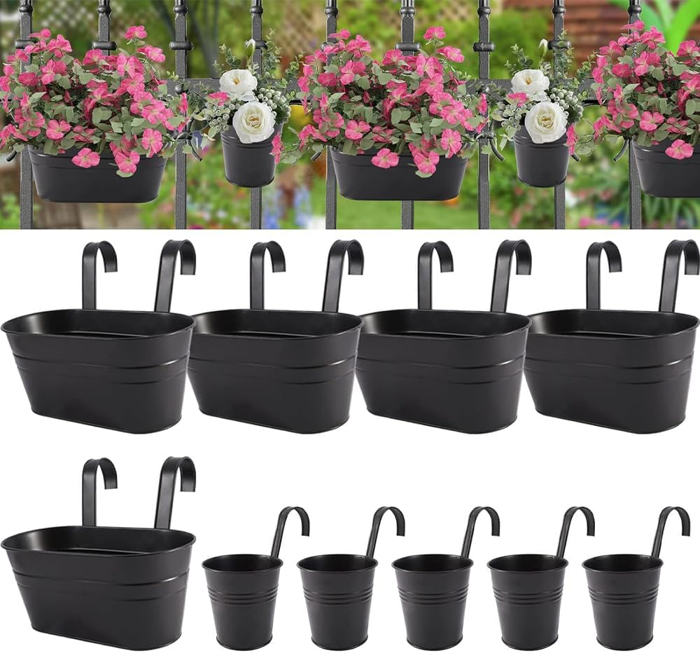 10 Pack Metal Iron Hanging Flower Pots,Oval Hanging Flower Pot,Removable Double Hooks,Balcony Hanging Flower Pots,For Porch,Railing,Balcony,Fence(Black) image number 4