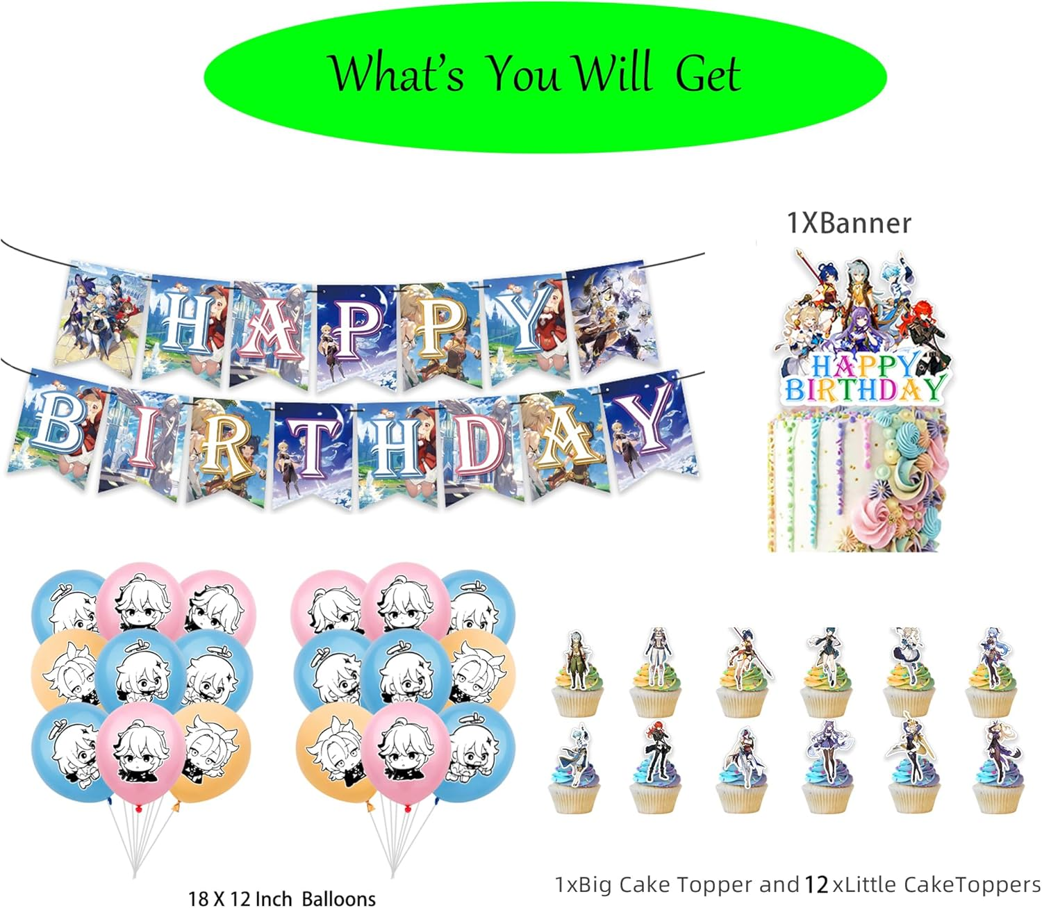 New Genshin Impact Anime Party Decoration，Theme Genshin Impact Birthday Party Supplies Includes Happy Birthday Banners, Balloon ,Cupcake Toppers Arrangement Scene Layout