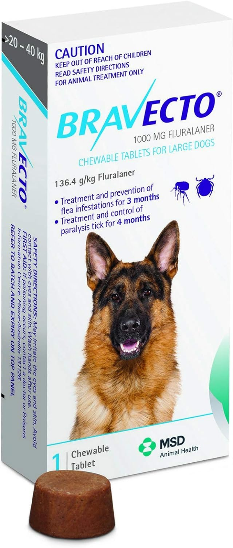 BRAVECTO LARGE DOG BLUE 1000MG >20-40KG