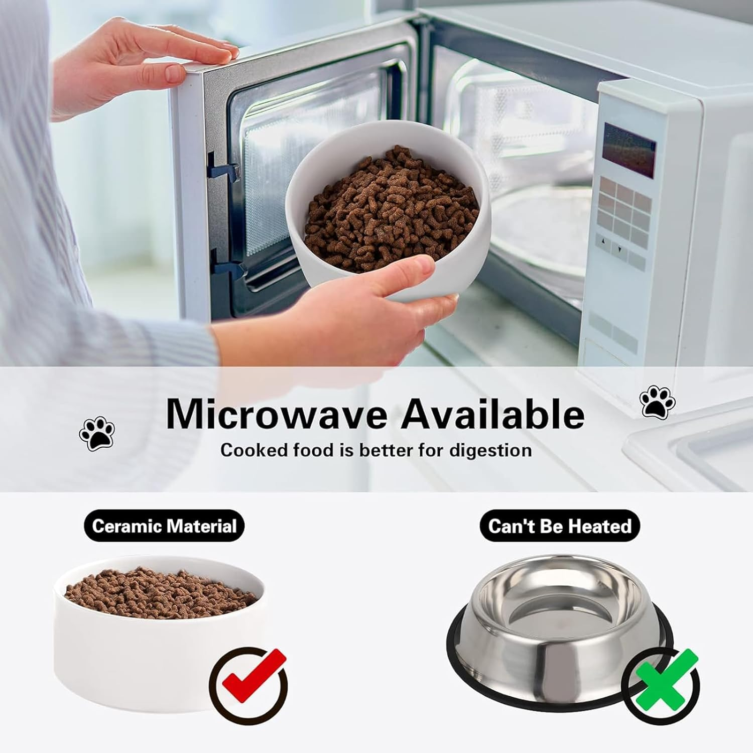 Ceramic Cat Bowl,Small Dog Food Bowl,With Wood Stand Non-Slip,Double White Bowls,Ceramic Bowl for Food and Water (800Ml/27Oz) image number 3