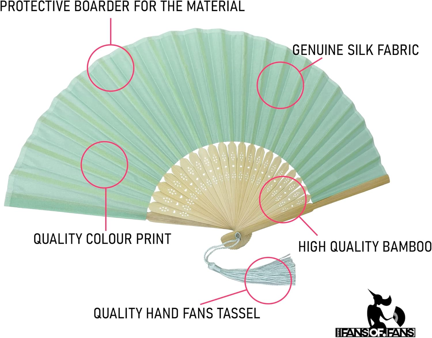 FANSOF.FANS Pack of 10 Fabric Handheld Fan with a Tassel Grade a Bamboo Ribs Party Wedding Favour (Light Turquoise) image number 3
