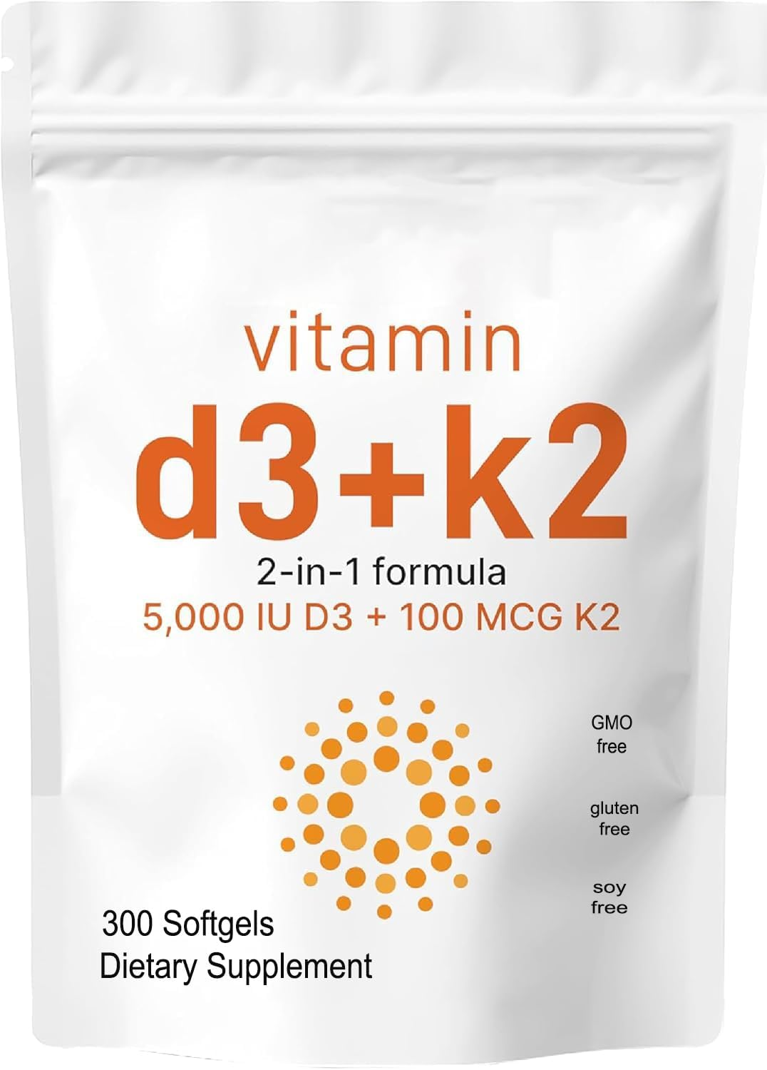 Vitamin D3 5,000 IU + K2 MK-7 100 Mcg, 300 Softgels | 2-In-1 Bone, Immune & Heart Support | Easy to Swallow, Non-Gmo