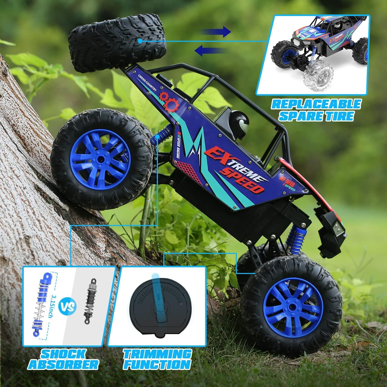 DEERC DE60 Large 1:8 Scale Upgraded RC Cars Remote Control Car for Adults Boys,Off Road Monster Truck with Realistic Sound,2.4Ghz 4WD Rock Crawler Toy All Terrain Climbing,2 Batteries for 80 Min Play image number 3