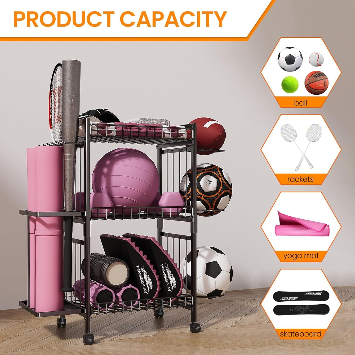 AILRINNI 3-Tier Yoga Rack - Large Capacity, Duty Home Gym, Large-Capacity Sturdy Yoga Mat Storage Rack, Waterproof & Rust-Resistant Fitness Rack, 360&deg; Swivel Wheels & Hooks, for Pilates/Home/Gym - Space-Saving image number 5