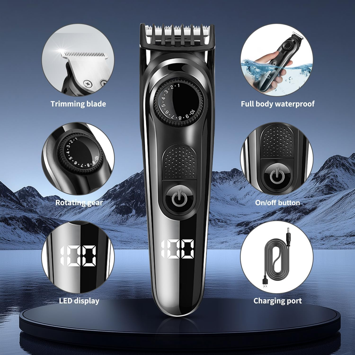 Necomi 5-In-1 Beard Trimmer, Men'S Trimmer, 5 Replacement Heads for Shaving, Haircutting & Nose Hair, 10 Length Settings, with Storage Bag, 90-Minute Running Time, Suitable for Facial and Body Beauty image number 3
