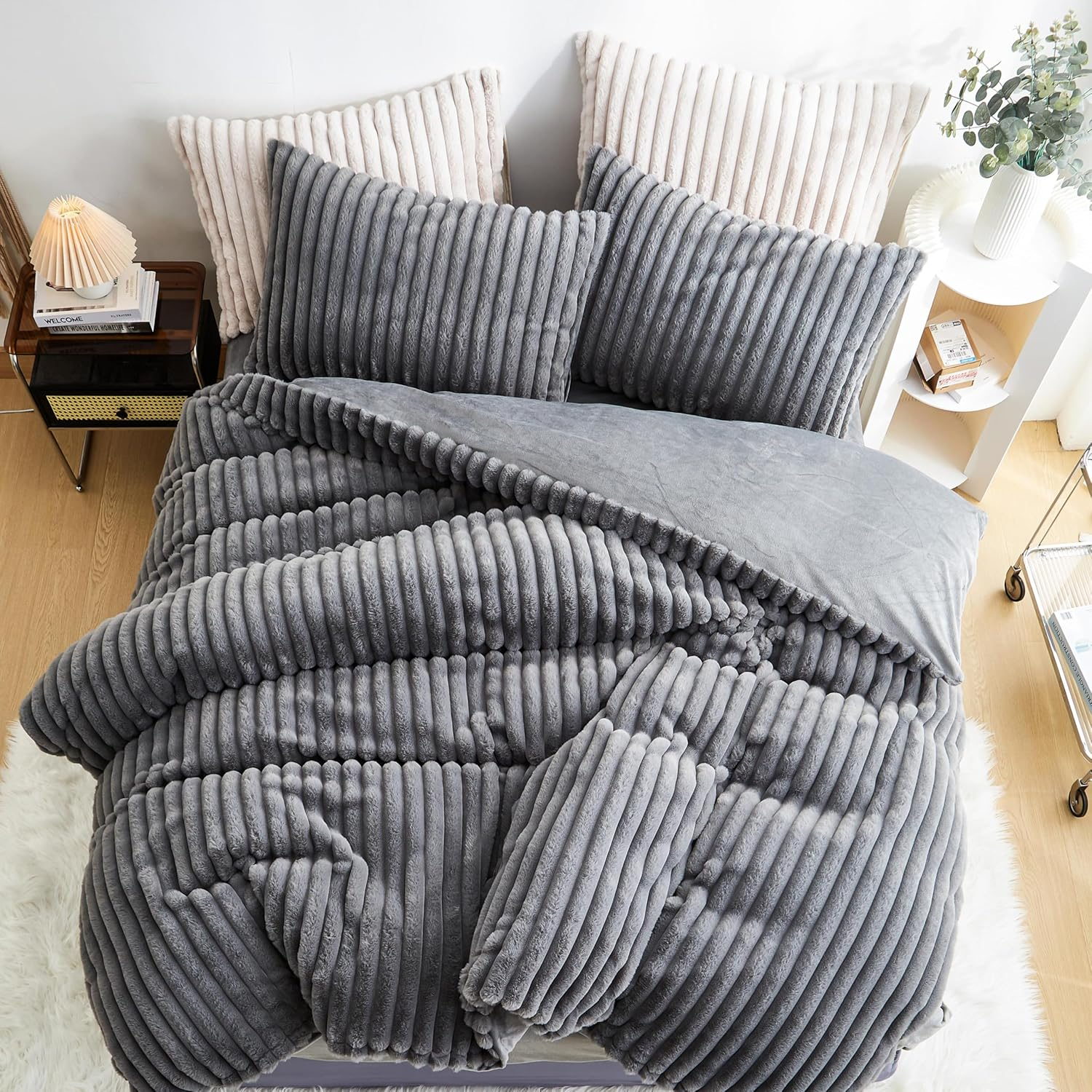 Bildenly Fluffy Duvet Cover Queen Size Ultra Soft Faux Fur Bedding Set Grey Winter Warm Vertical Striped Comforter Cover Set 3 Pcs Warm Fuzzy Bed Sets Luxury Plush Bed Sets with 2 Pillow Shams