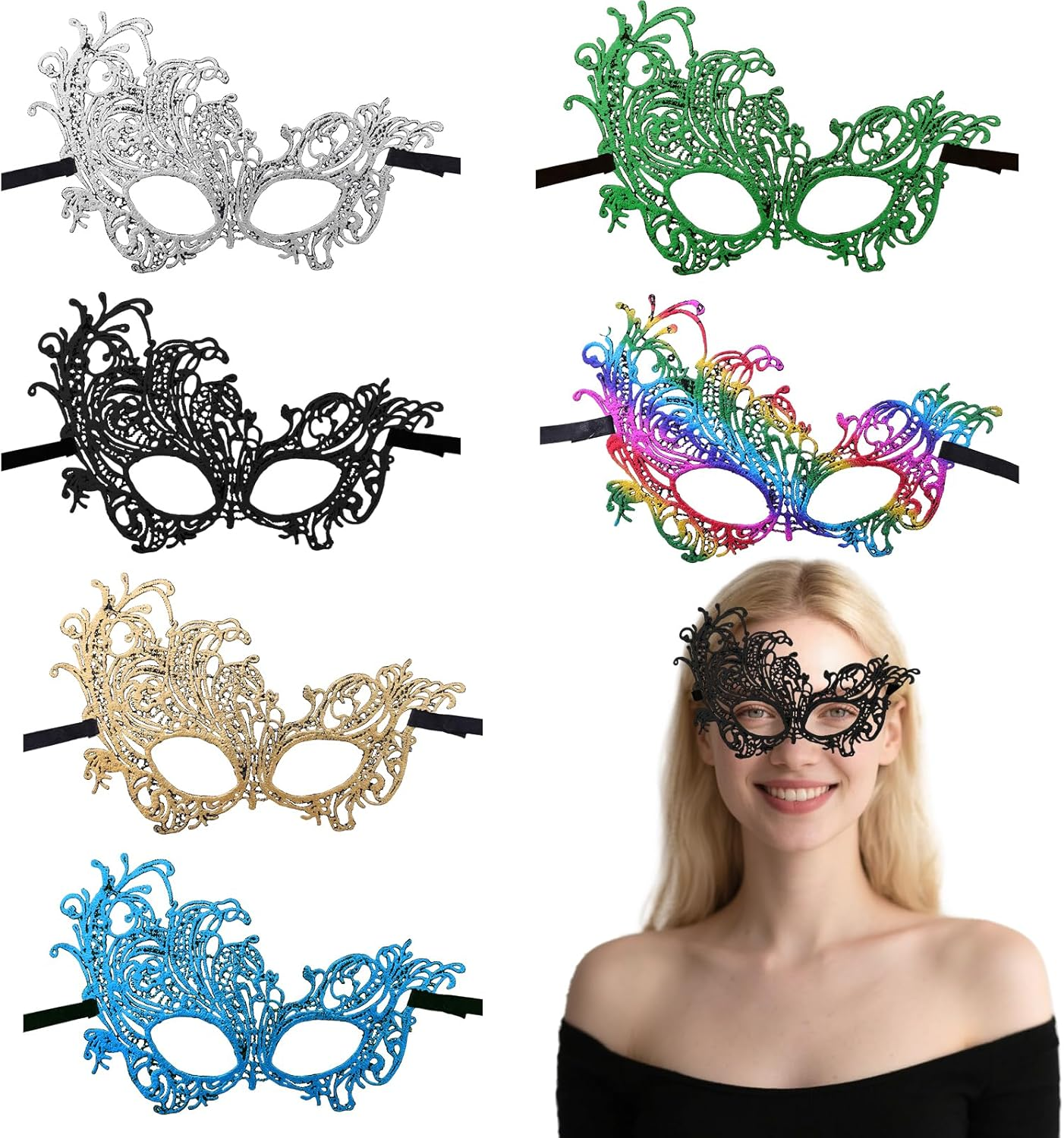 6 Pieces Masquerades Masks for Women Mardi Gras Mask Vintage Antique Mask Multicolored Lace Eye Mask Men Women Costume for Prom Carnival Dress Party Wedding