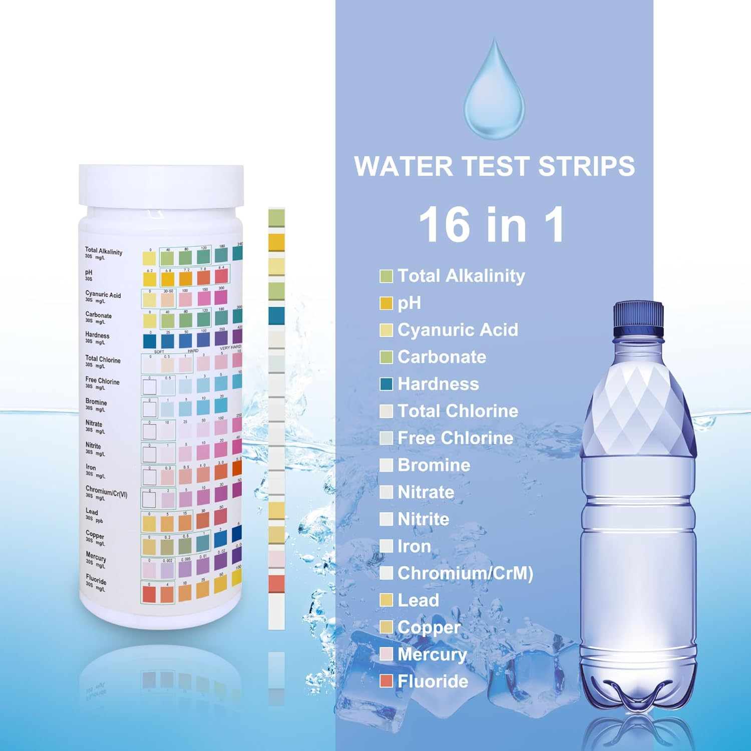 16 in 1 Drinking Water Test Kit |High Sensitivity Test Strips Detect Ph, Hardness, Chlorine, Lead, Iron, Copper, Nitrate, Nitrite | Home Water Purity Test Strips for Aquarium, Pool, Well & Tap Water image number 2