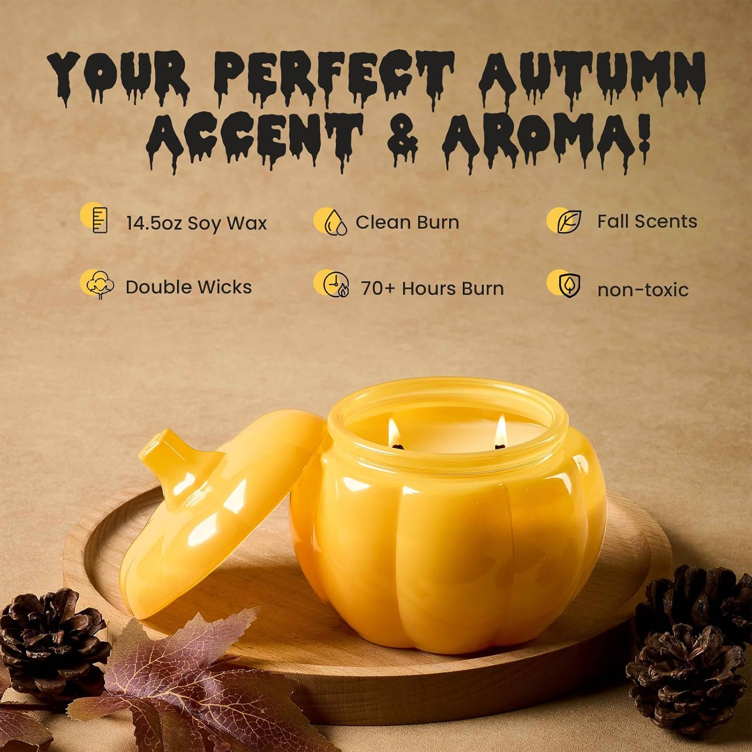 M&SENSE Fall Pumpkin Shaped Candle Trick or Treat 14.5 Oz 85 Hours Long Burning Home Decor for Thanksgiving Halloween Party, Natural Soy Candle