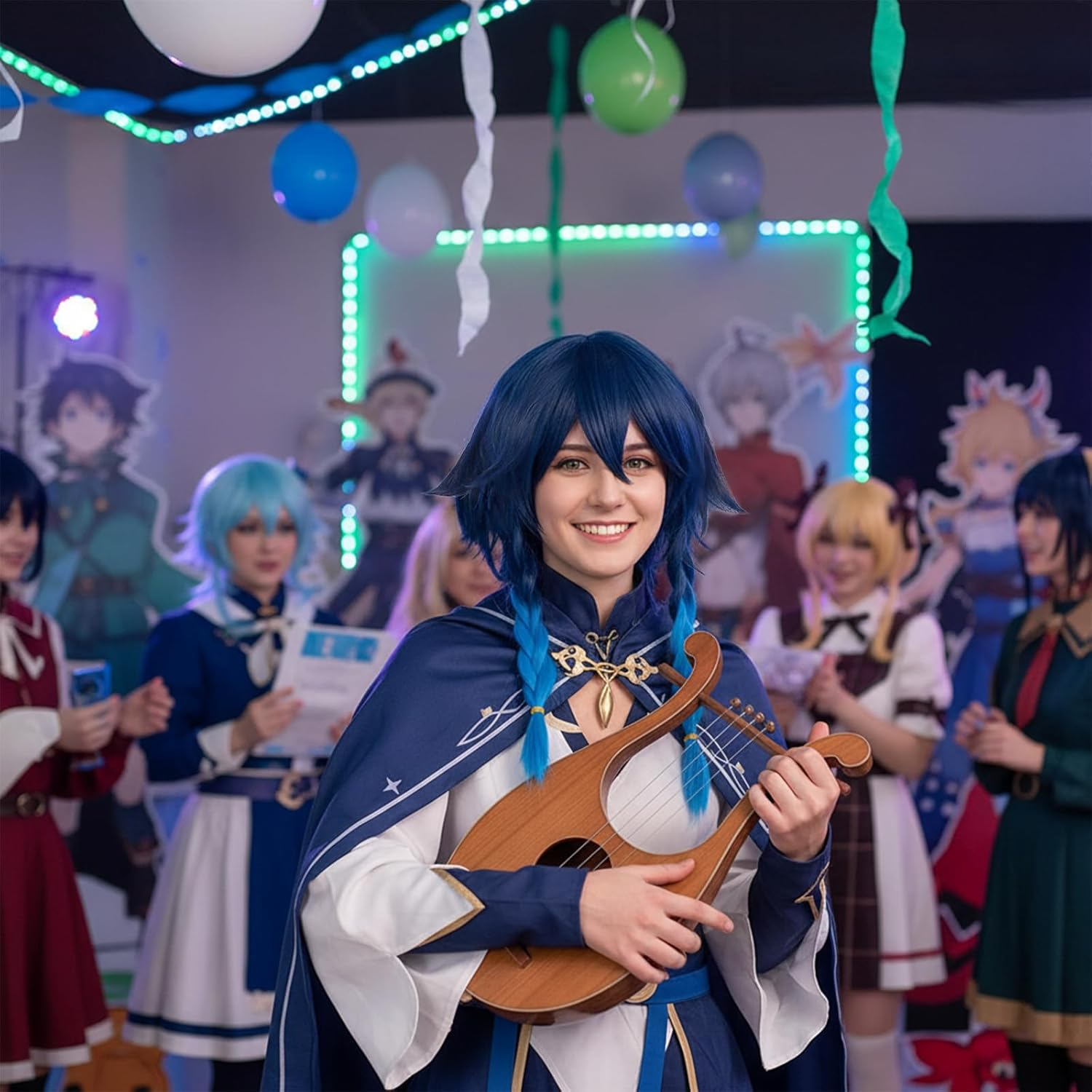 Heat Resistant Synthetic Wig with Braids Ponytails Bangs + Cap, Dark Blue Cosplay Wig for Halloween, Soft & Natural Look - Ruibex image number 4